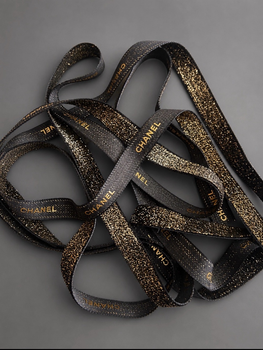 CHANEL 2019 Holiday Black & Gold Sparkle Ribbon 3 Yards Gift Wrap Craft Decor